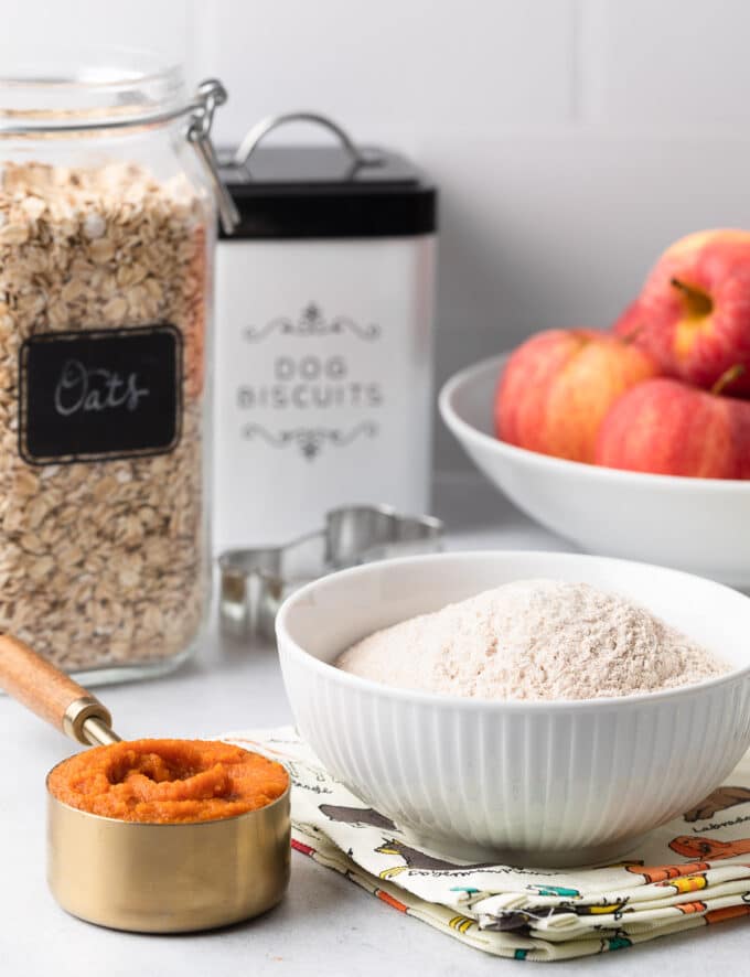 ingredients for homemade dog treats on a white countertop: canned pumpkin, whole wheat flour, apples, and oats