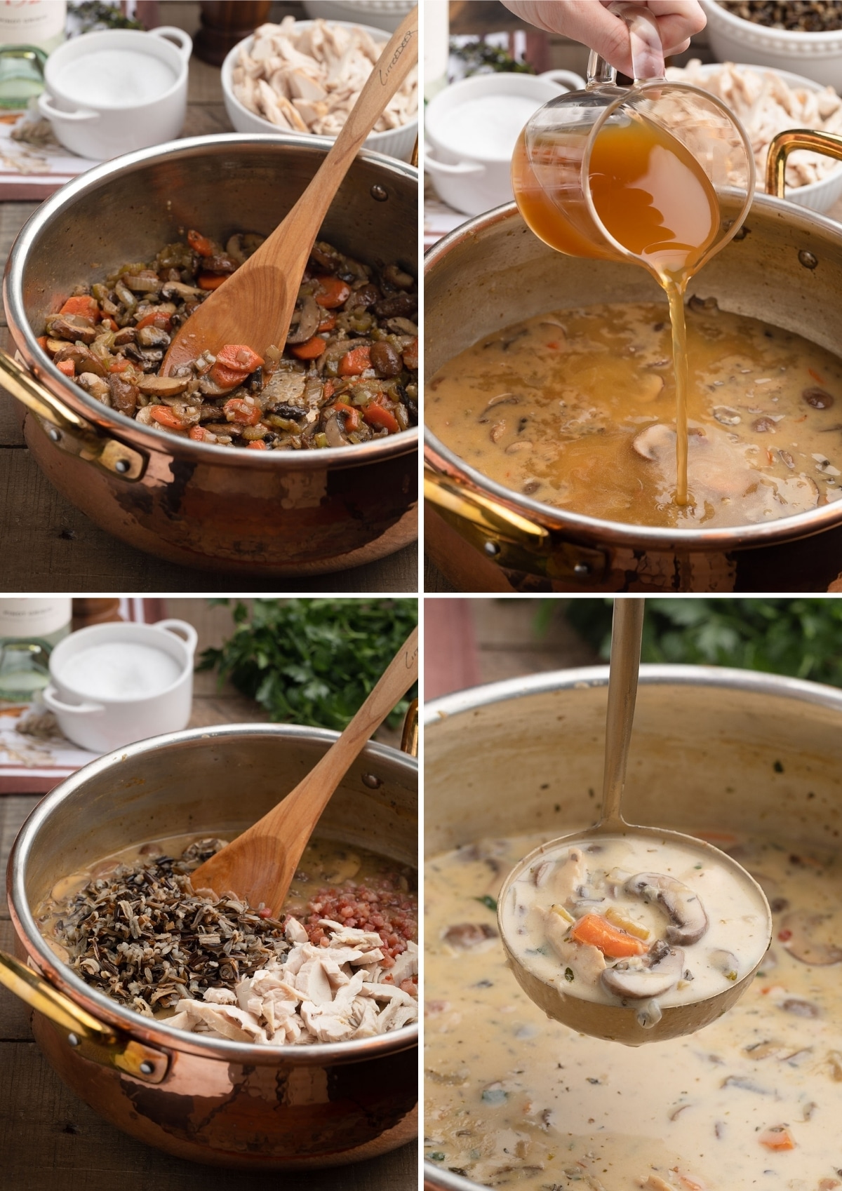 four photos showing the process of making creamy turkey wild rice soup