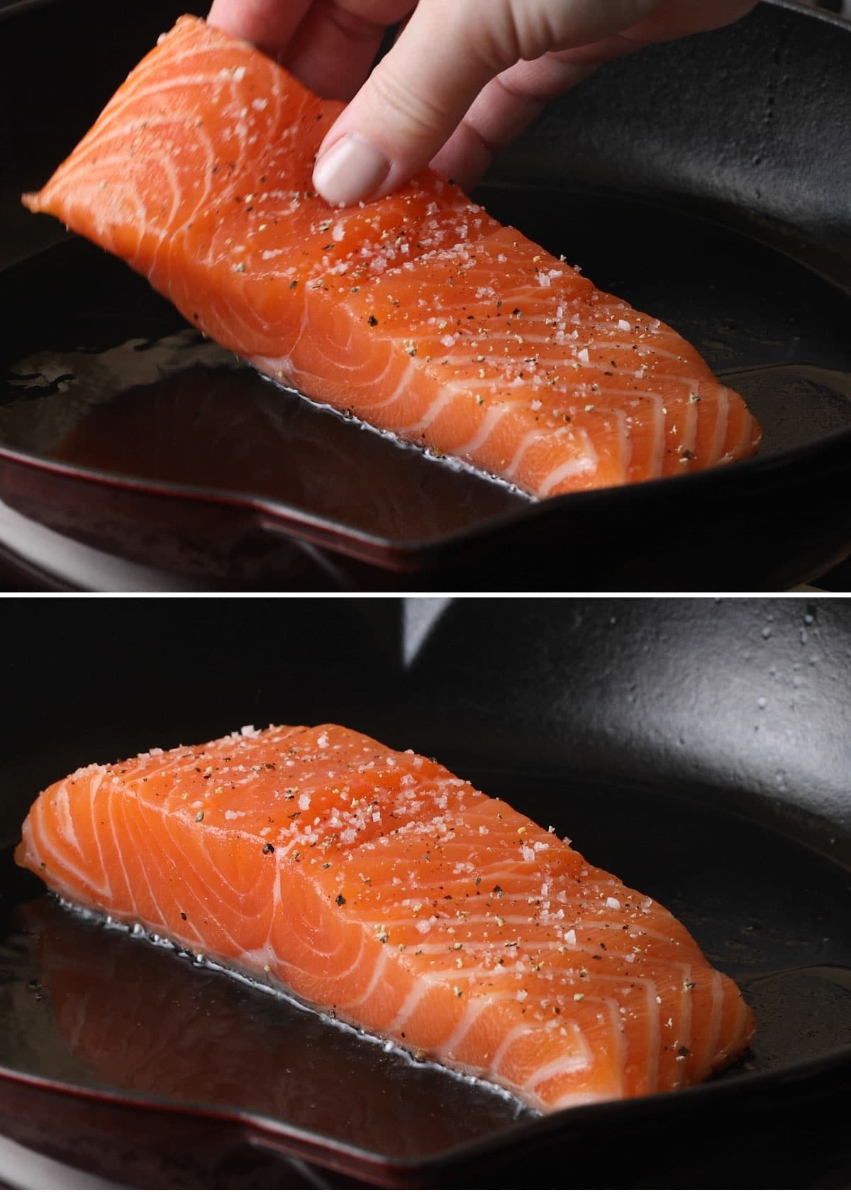 two photos showing the process of pan searing salmon: placing the fillet in the pan and the fillet starting to buckle