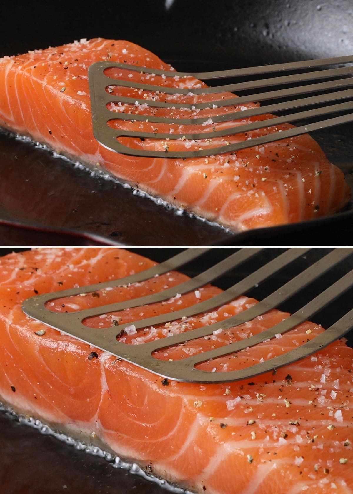 two photos showing pressing down on a salmon fillet with a fish spatula after it's placed in a heated pan