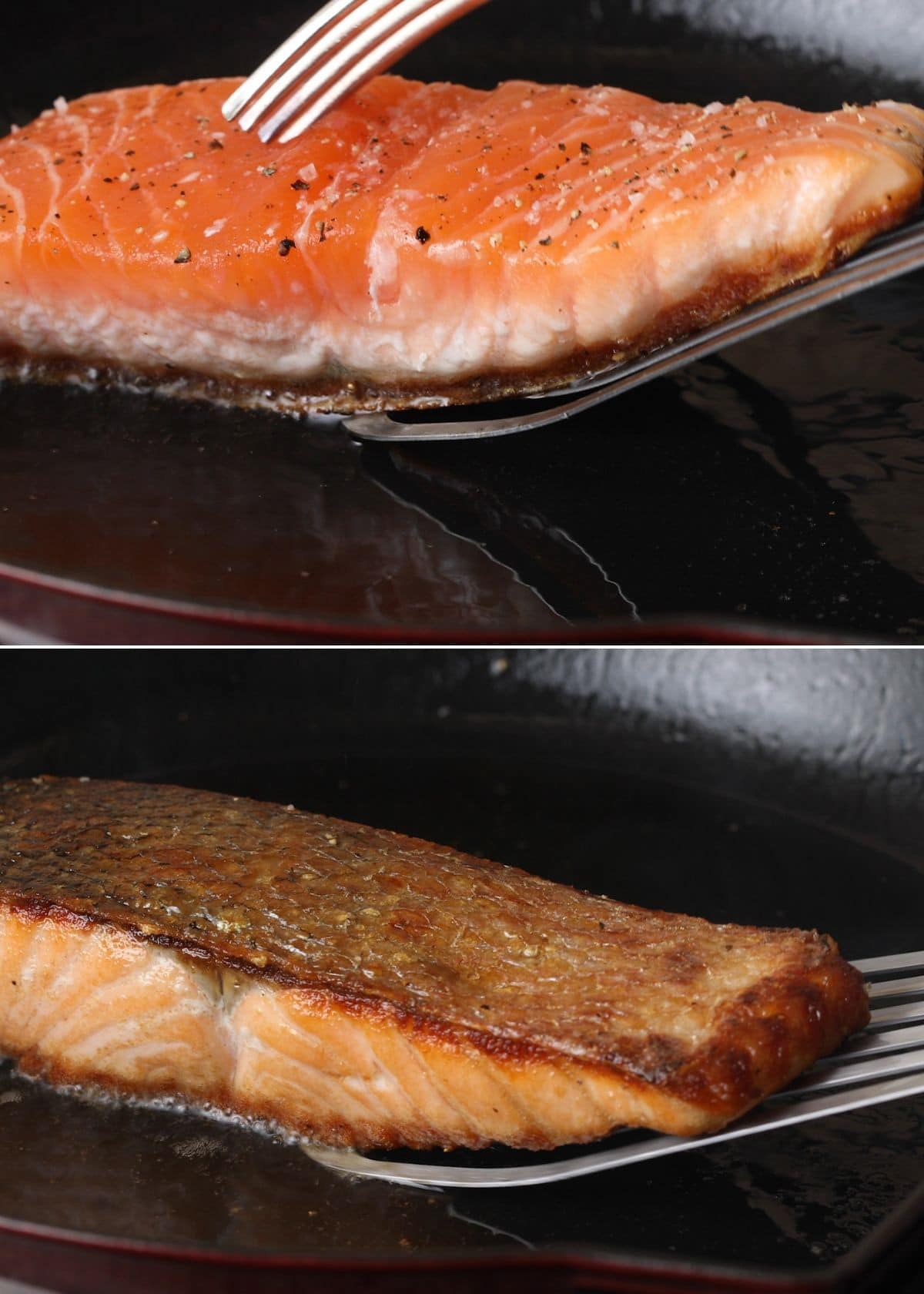 two photos showing flipping a pan-seared salmon fillet in a cast iron pan