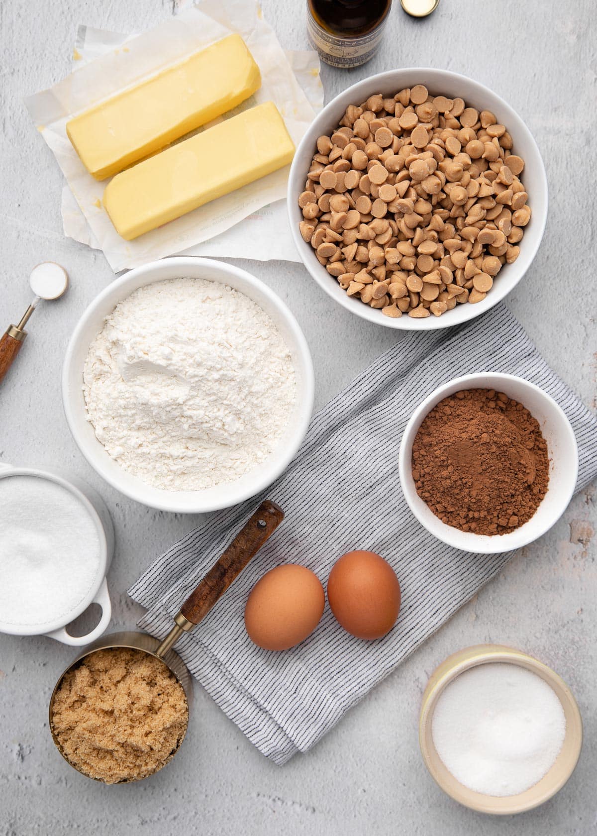 overhead of ingredients for chocolate peanut butter chip cookies