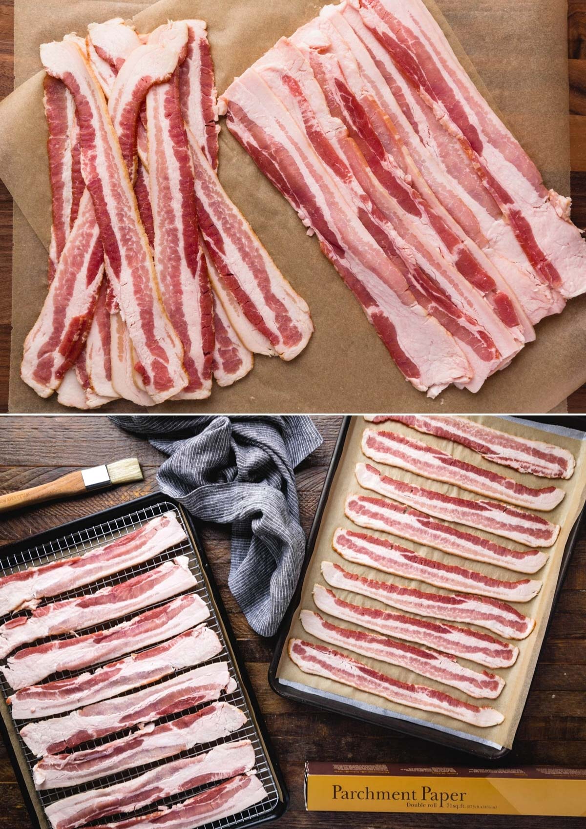 two photos of bacon on parchment paper and on baking sheets showing how to cook bacon in the oven