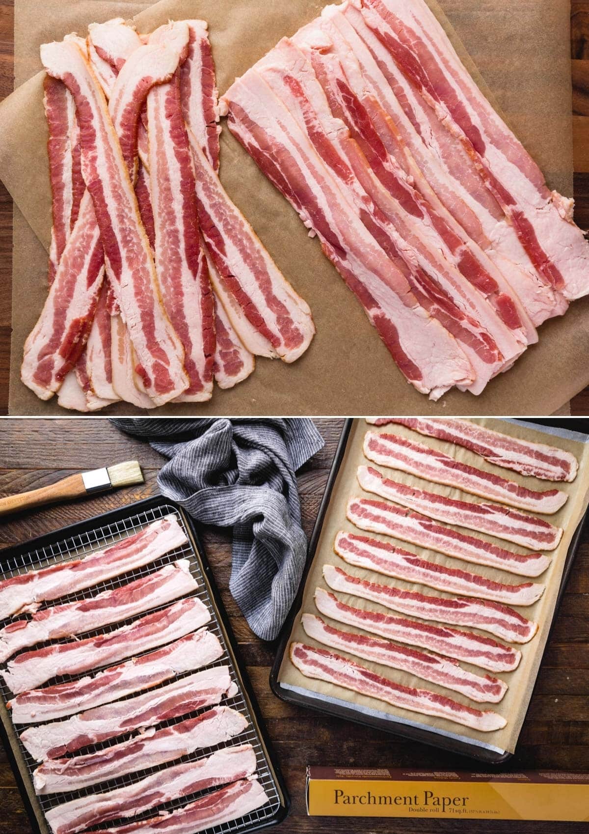  deux photos de bacon sur du papier sulfurisé et sur des plaques à pâtisserie montrant comment faire cuire le bacon au four