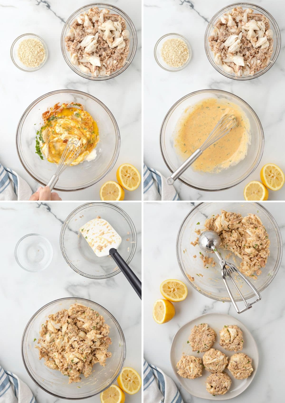 four overhead photos showing the process of mixing crab cakes