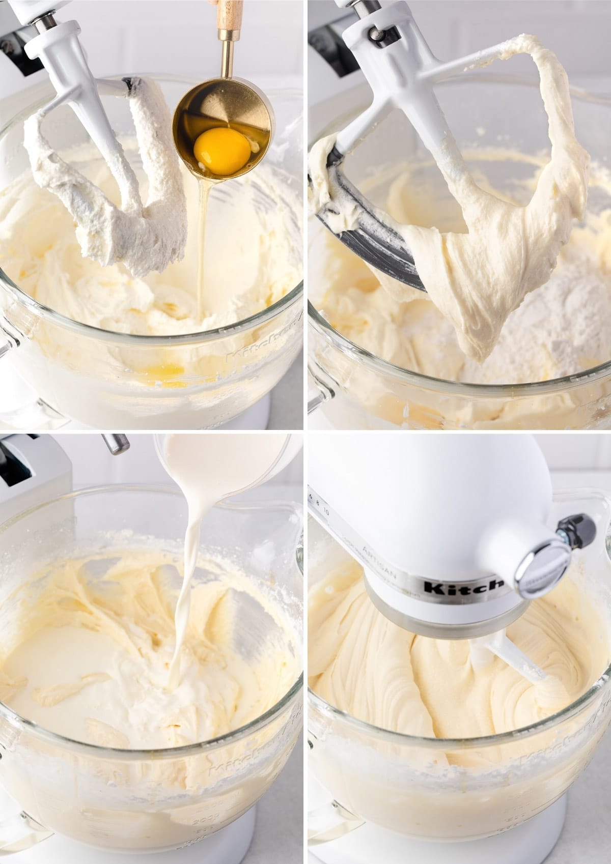 four photos showing the process of making vanilla pound cake in a stand mixer