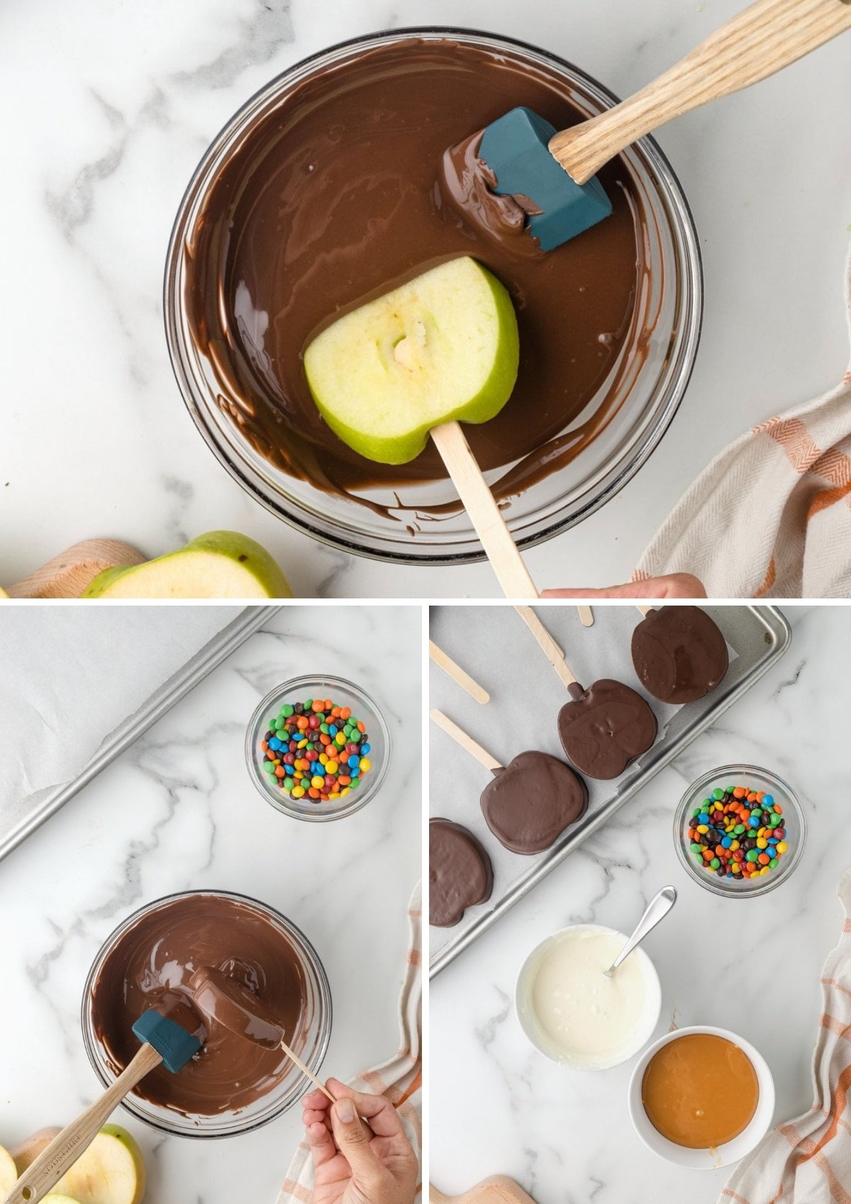 three photos showing the process of dipping apple slices into melted chocolate