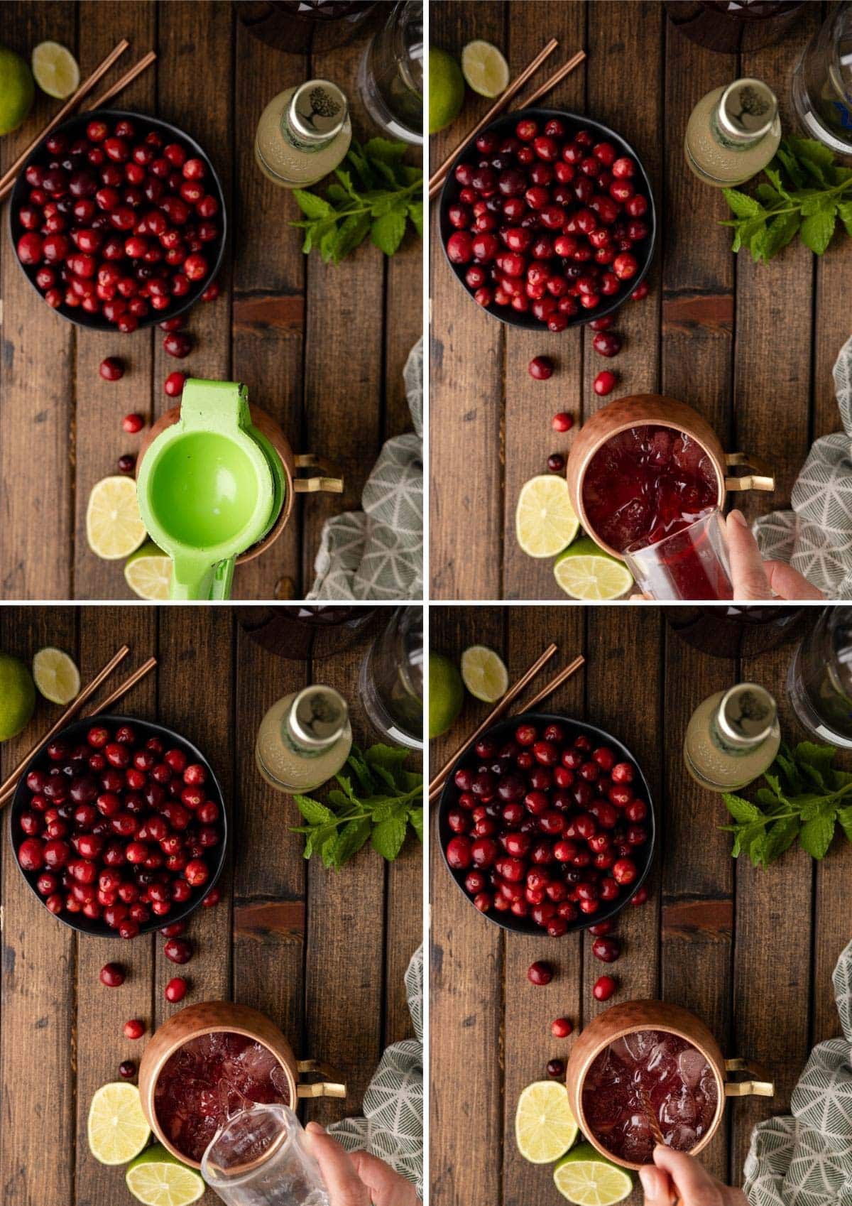 four photos showing the process of mixing a cranberry moscow mule cocktail