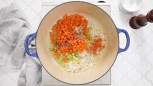 overhead photo of a dutch oven with diced onion, celery, and carrots