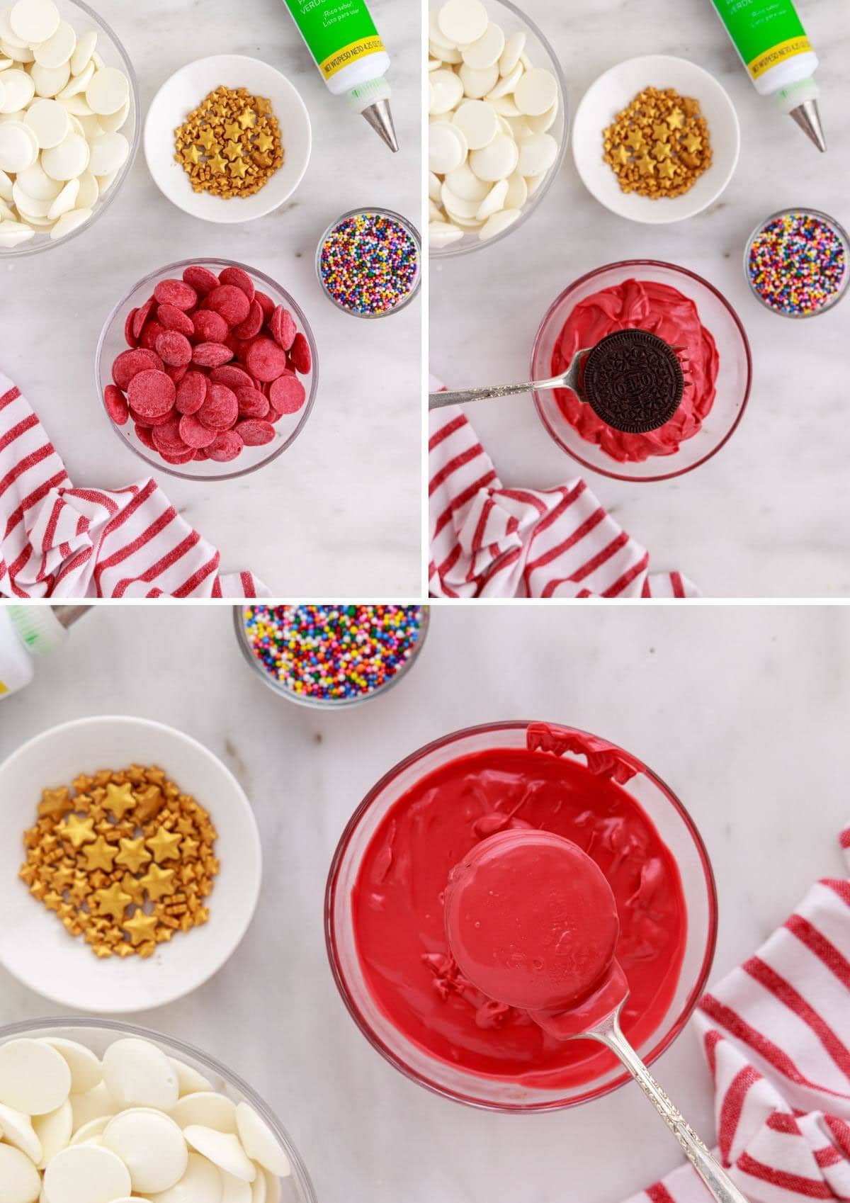 collage of three photos showing the process of dipping chocolate sandwich cookies into red candy melts