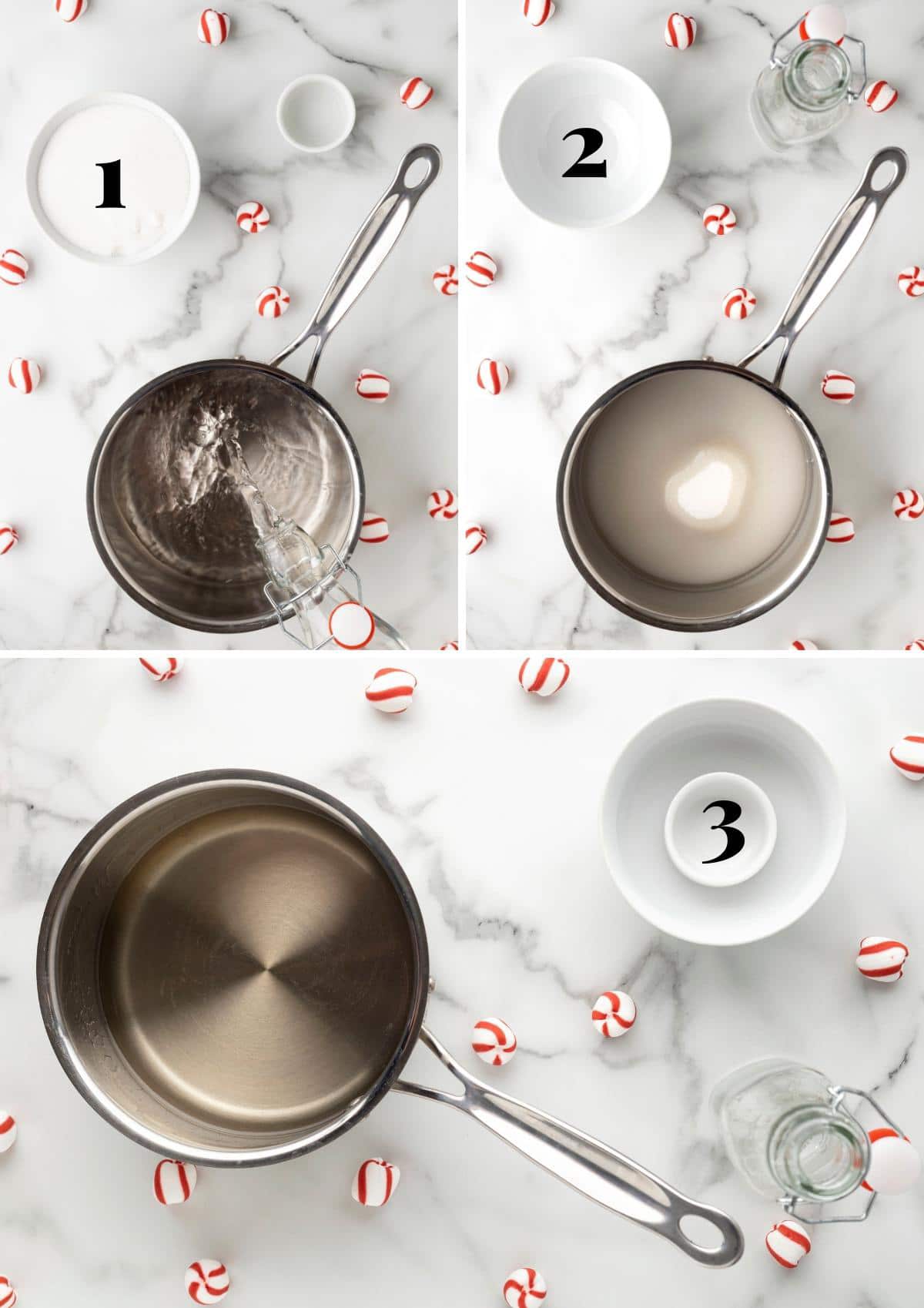 3 overhead photos showing the process of making peppermint simple syrup in a stainless steel pot