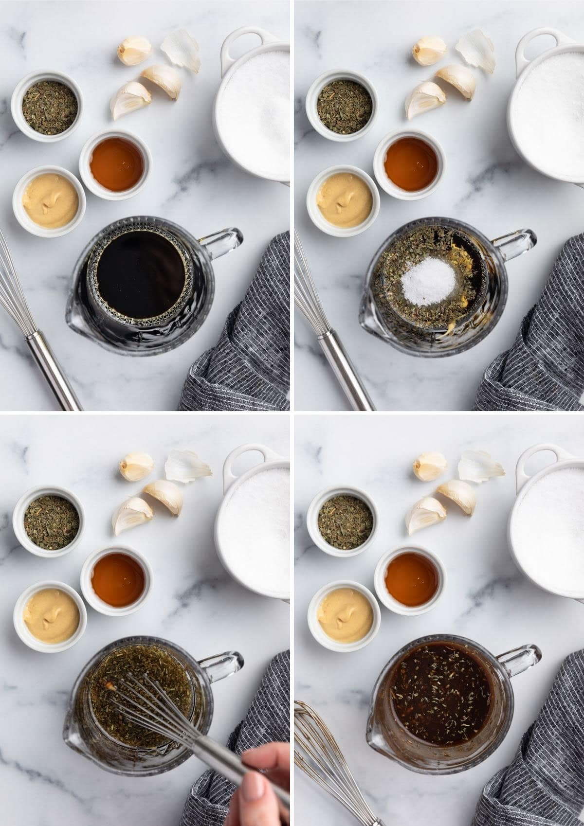 four overhead photos showing the process of whisking balsamic marinade in a glass measuring cup