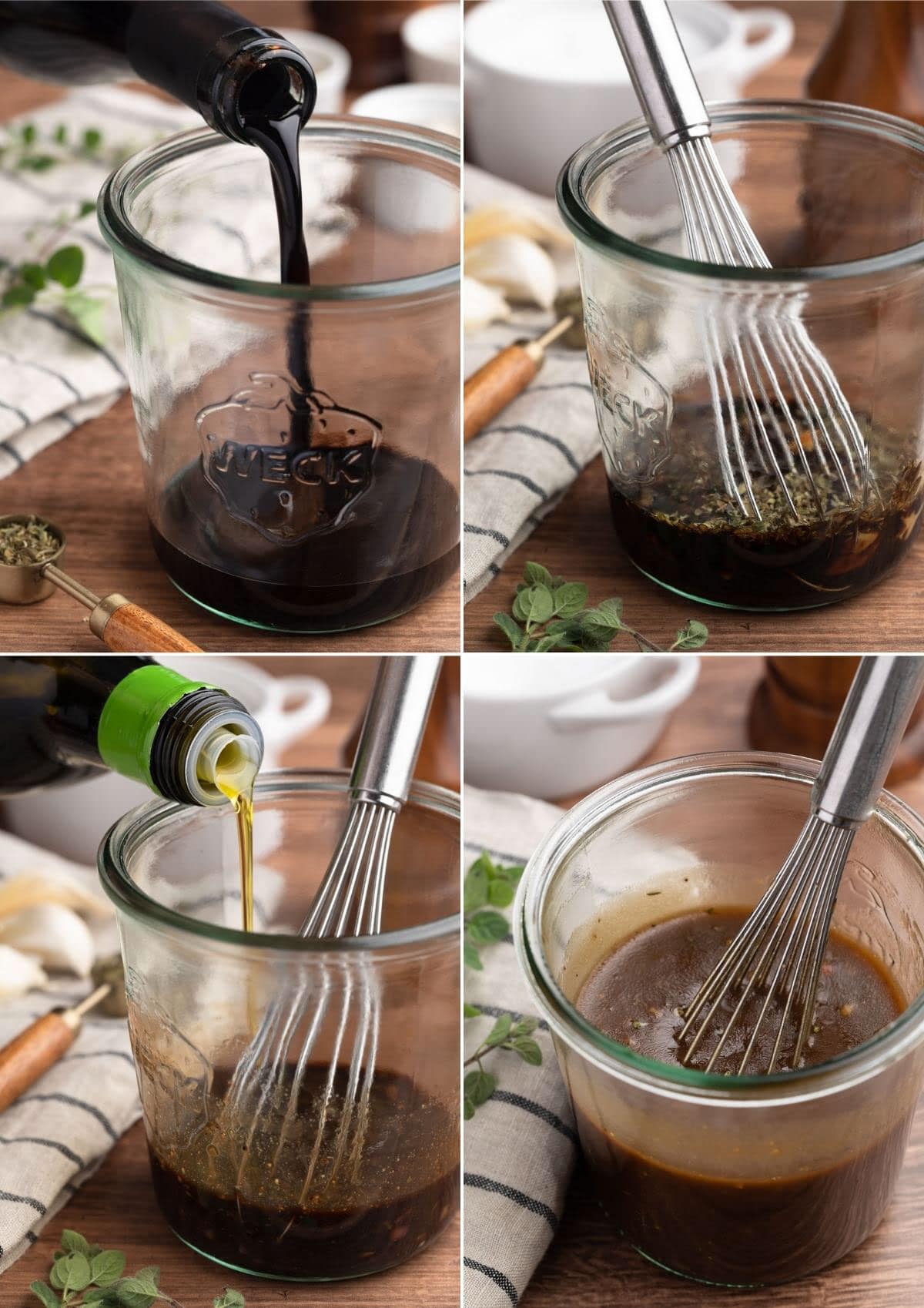 four photos showing the process of making balsamic vinaigrette in a bowl with a whisk