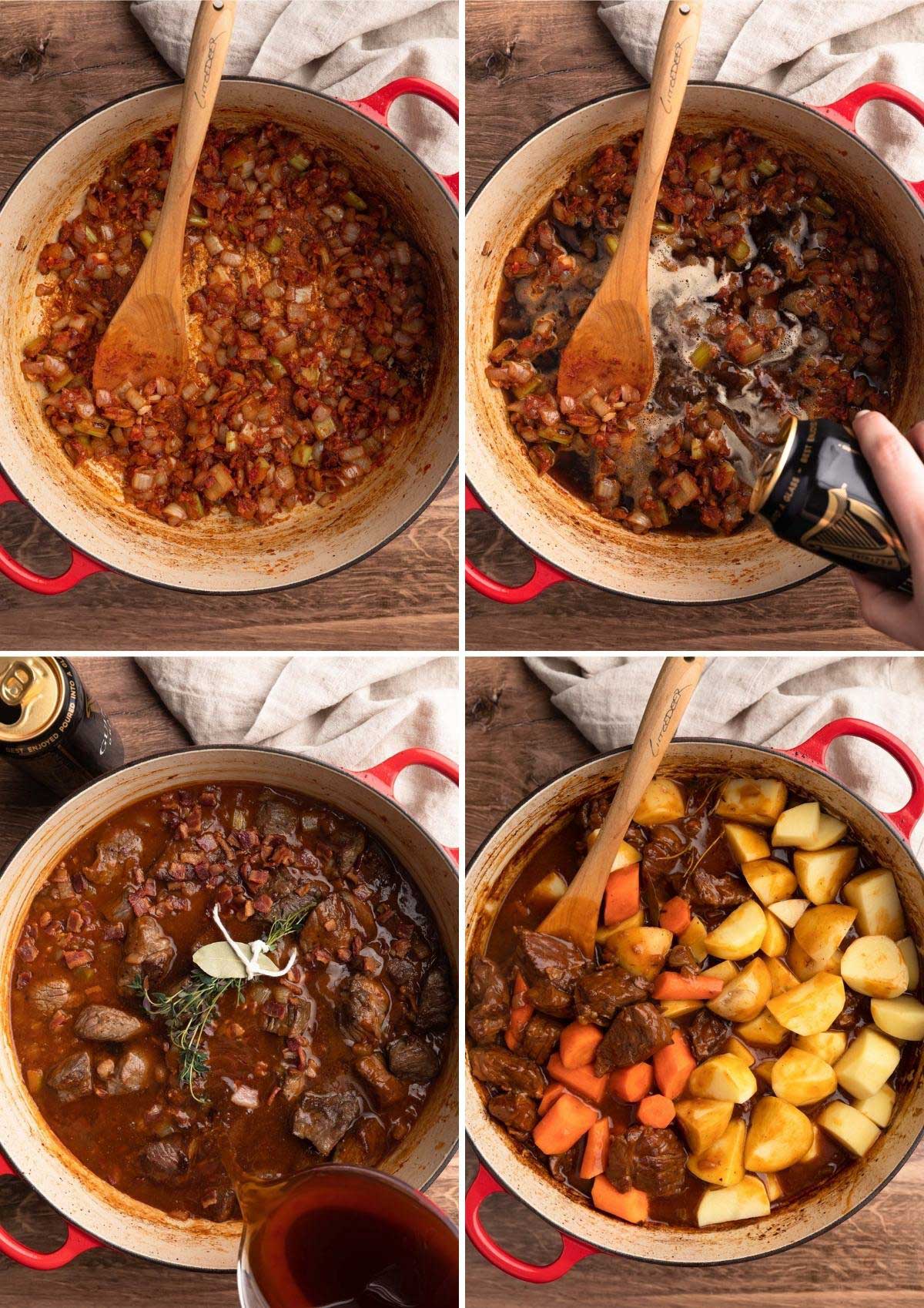 collage of four overhead photos in a Dutch oven. Clockwise: 1- caramelizing the tomato paste, 2 - deglazing the pan with stout, 3 - pouring in beef stock, 4 - adding carrots and potatoes