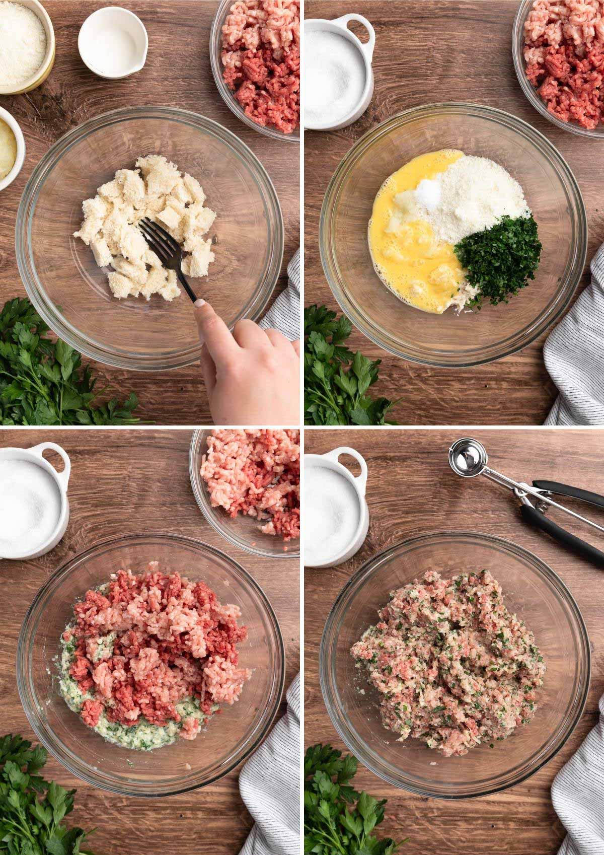 four overhead photos showing the process of making beef and pork meatballs for Italian Wedding Soup in a glass bowl