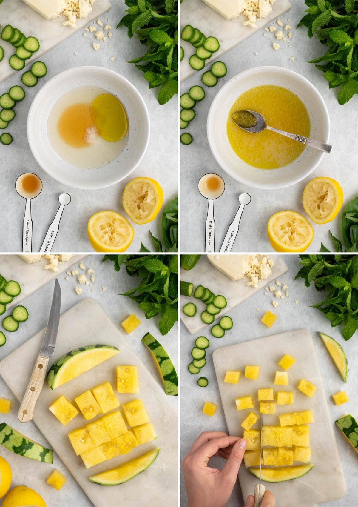 four photos showing the process of making lemon dressing and cutting yellow watermelon for salad