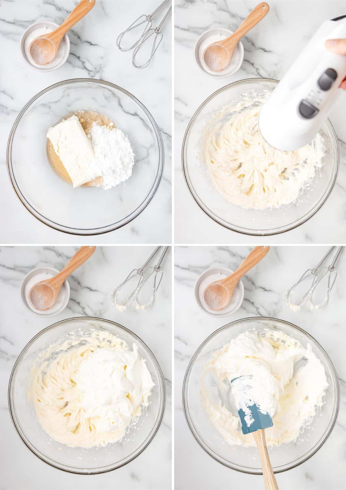 four overhead photos showing the process of making no bake cheesecake filling in a large glass bowl