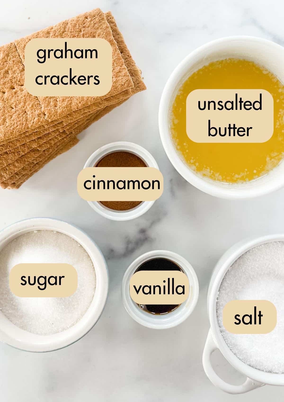 overhead photo of ingredients needed to make graham cracker crumble topping