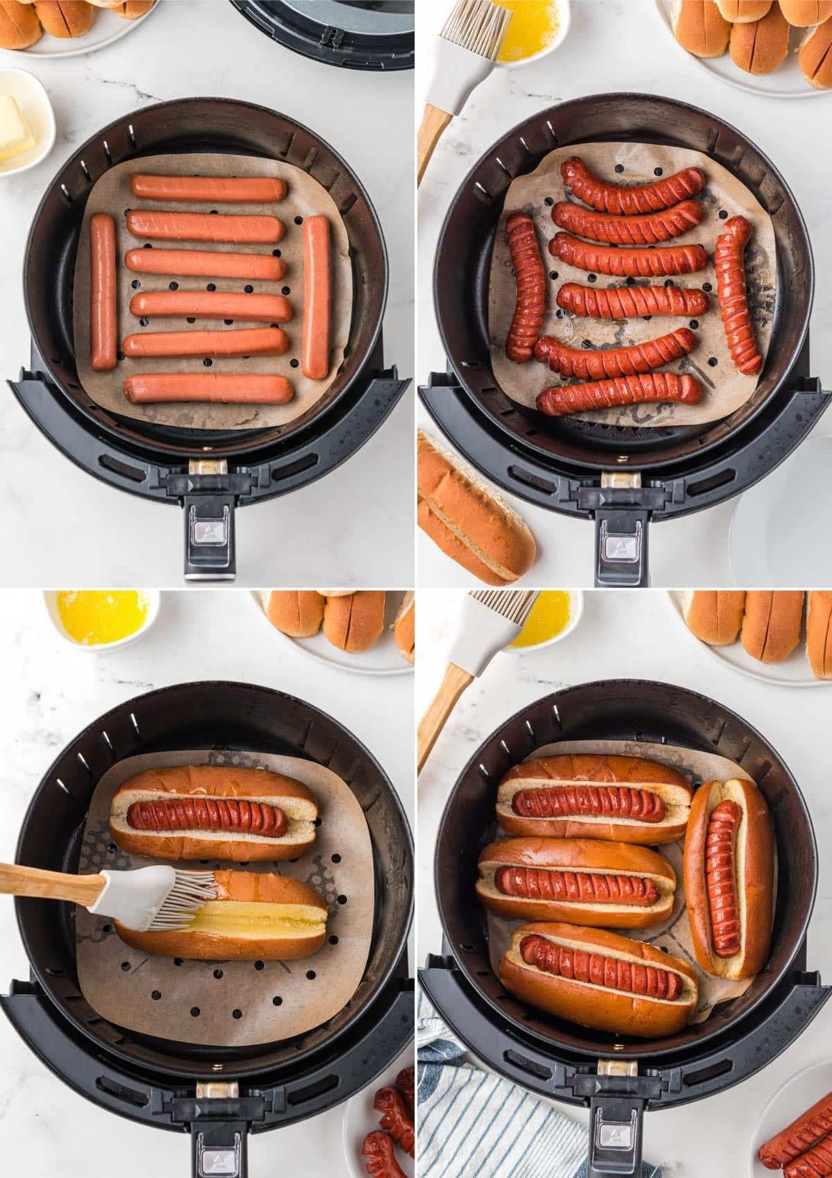 collage of 4 overhead photos showing the process of cooking hot dogs and toasting hot dog buns in the air fryer
