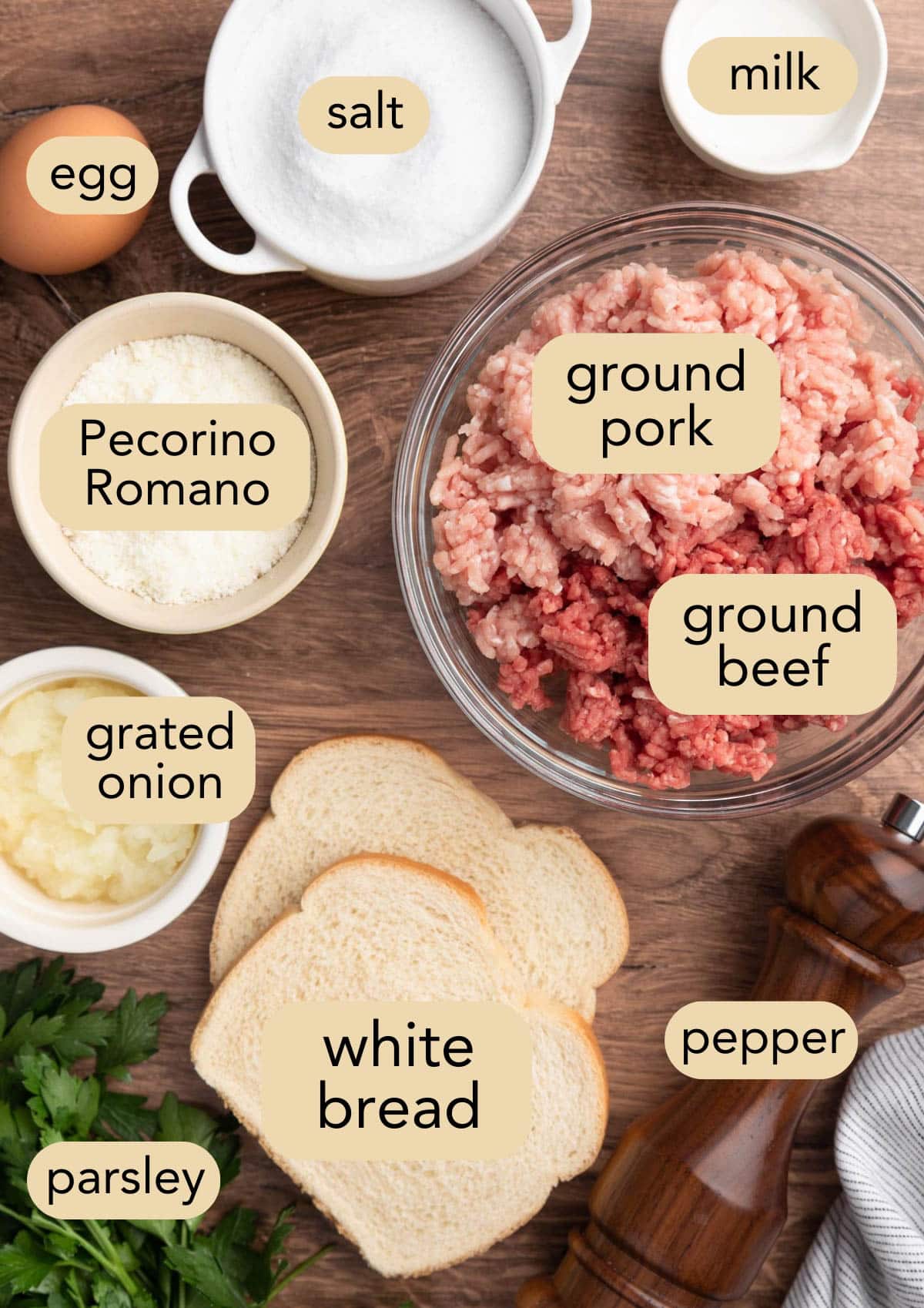 overhead photo of the ingredients needed to make meatballs for Italian Wedding Soup on a wood background with text label overlays