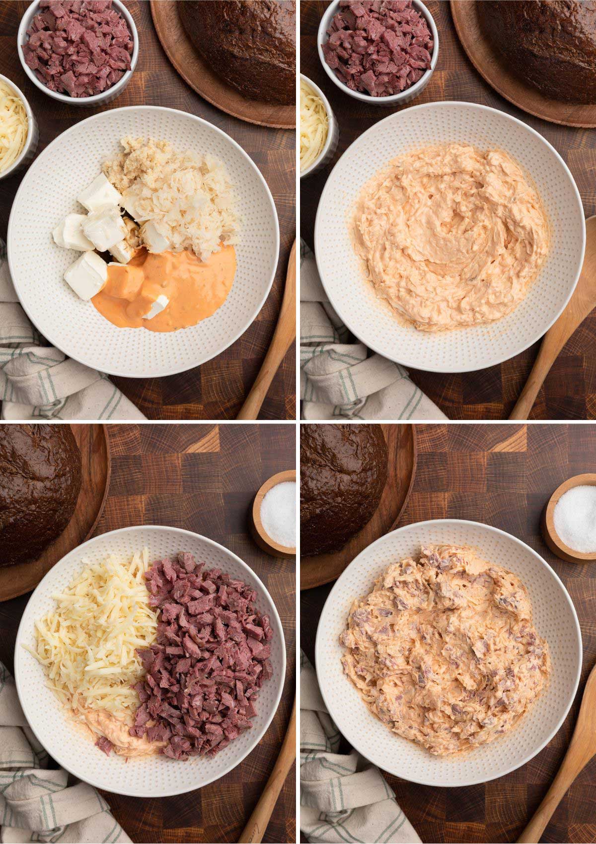 four overhead photos showing the process of mixing reuben dip in an ivory ceramic bowl on a butcher block board