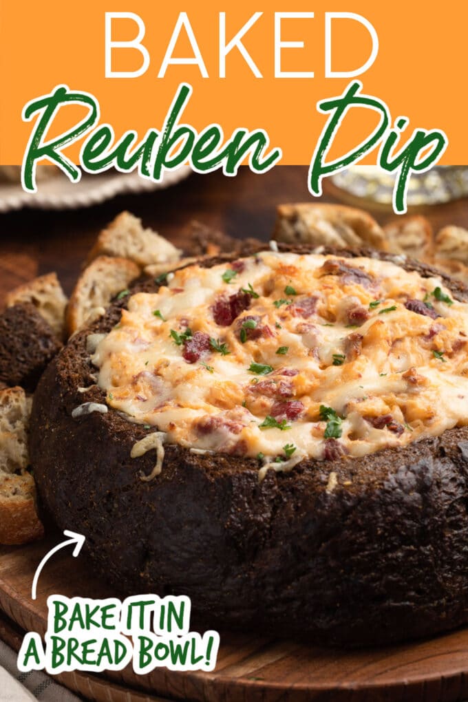 reuben dip in a bread bowl with text overlays that read "baked reuben dip" and "bake it in a bread bowl!"