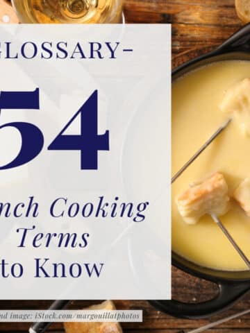 overhead photo of a fondue pot being dipped with bread cubes with a text overlay that reads "glossary - 54 French Cooking Terms to Know"