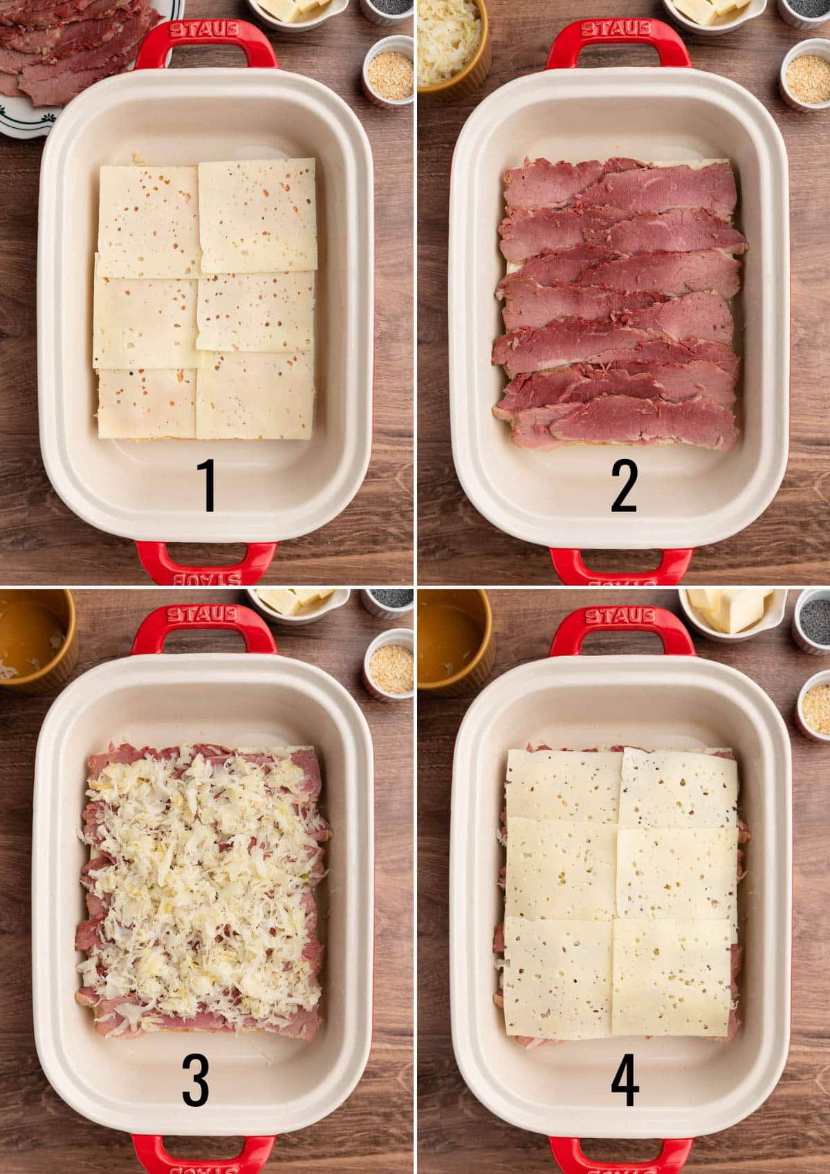 collage of 4 photos showing the process of layering Reuben sliders with Swiss cheese, corned beef, and sauerkraut in a ceramic baking dish