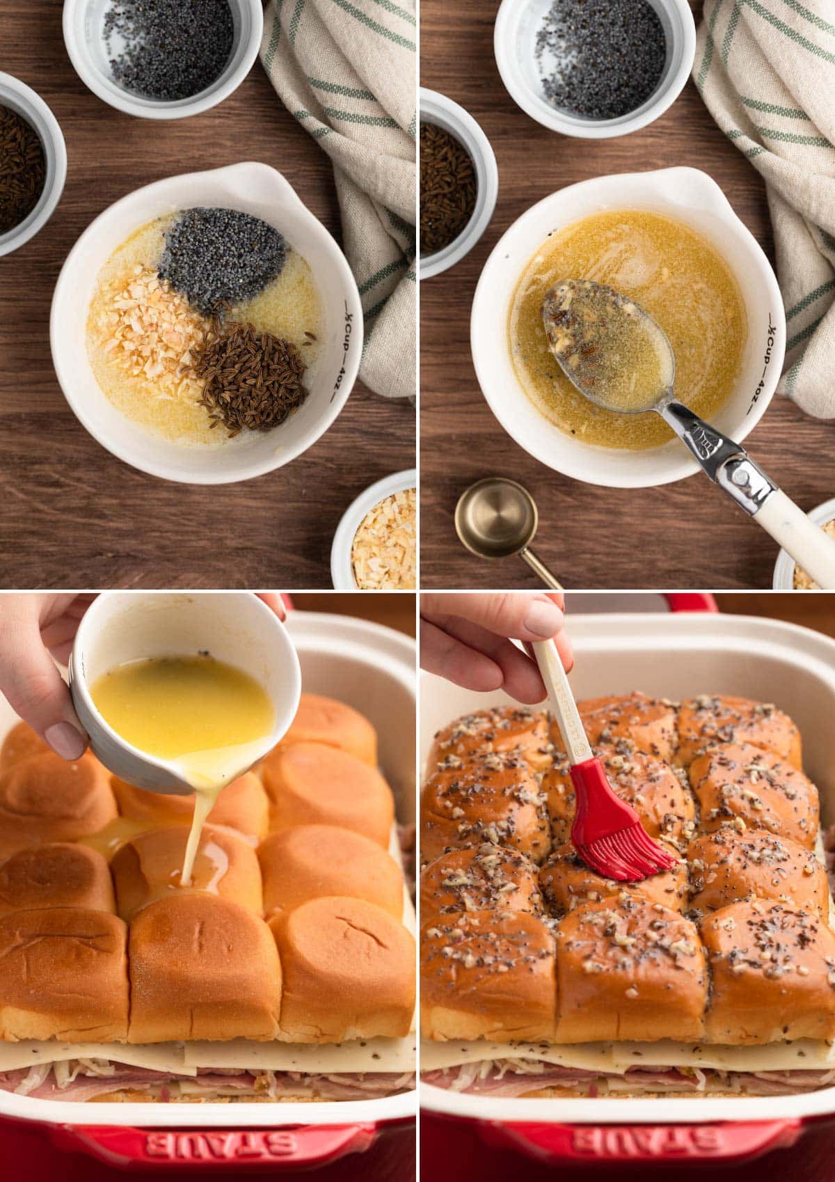 collage of 4 photos showing the process of making melted butter sauce in a bowl and pouring and brushing the sauce over sliders in a ceramic baking dish