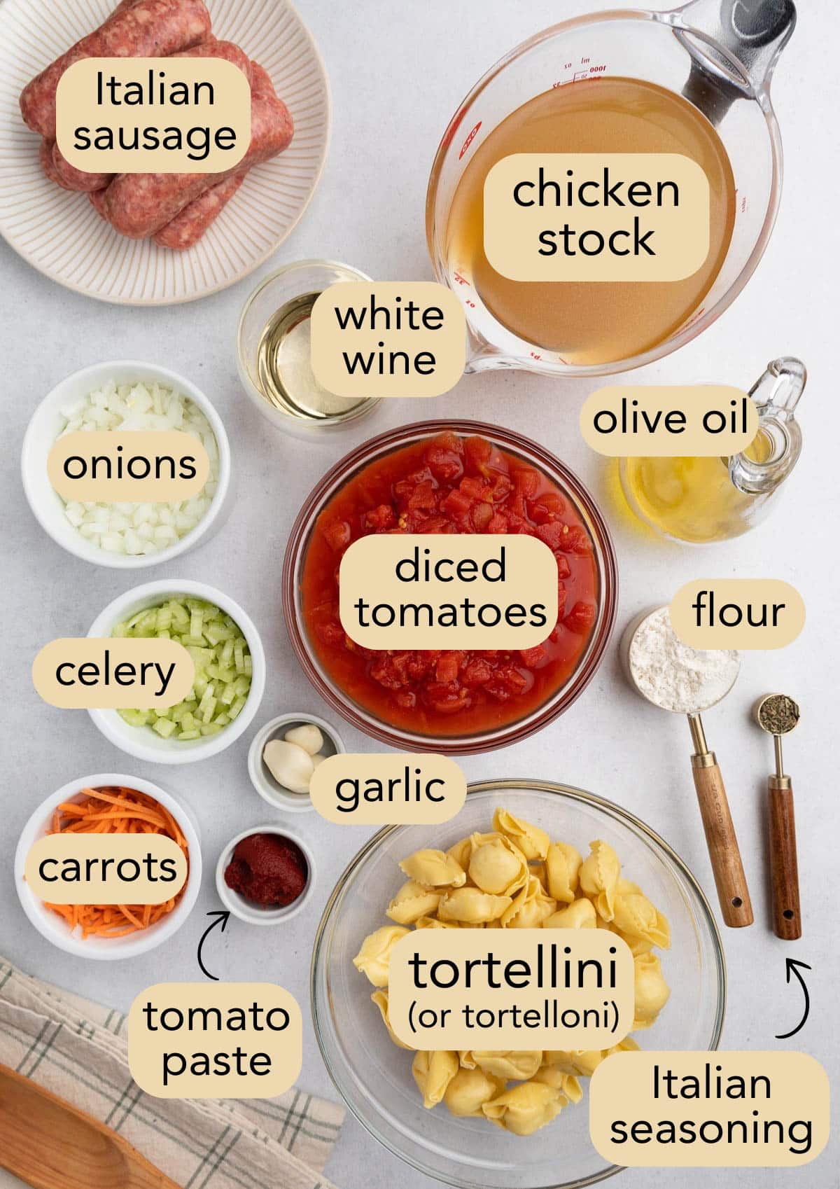 overhead photo showing prepped ingredients for tortellini sausage soup in bowls and plates on a white background with text label overlays