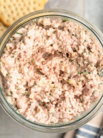 overhead photo of homemade Deviled Ham spread in a glass jar