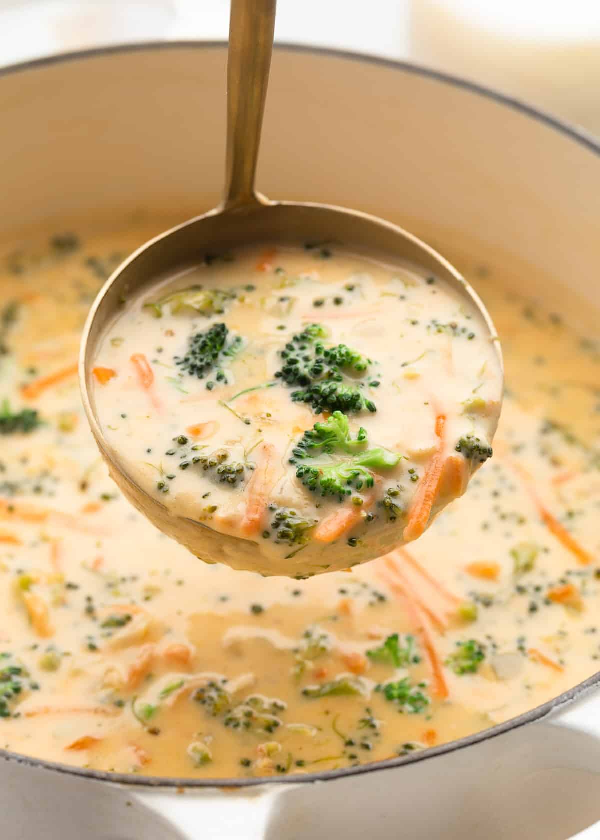 ladleful of broccoli cheddar soup being taken from a white enameled cast iron pot