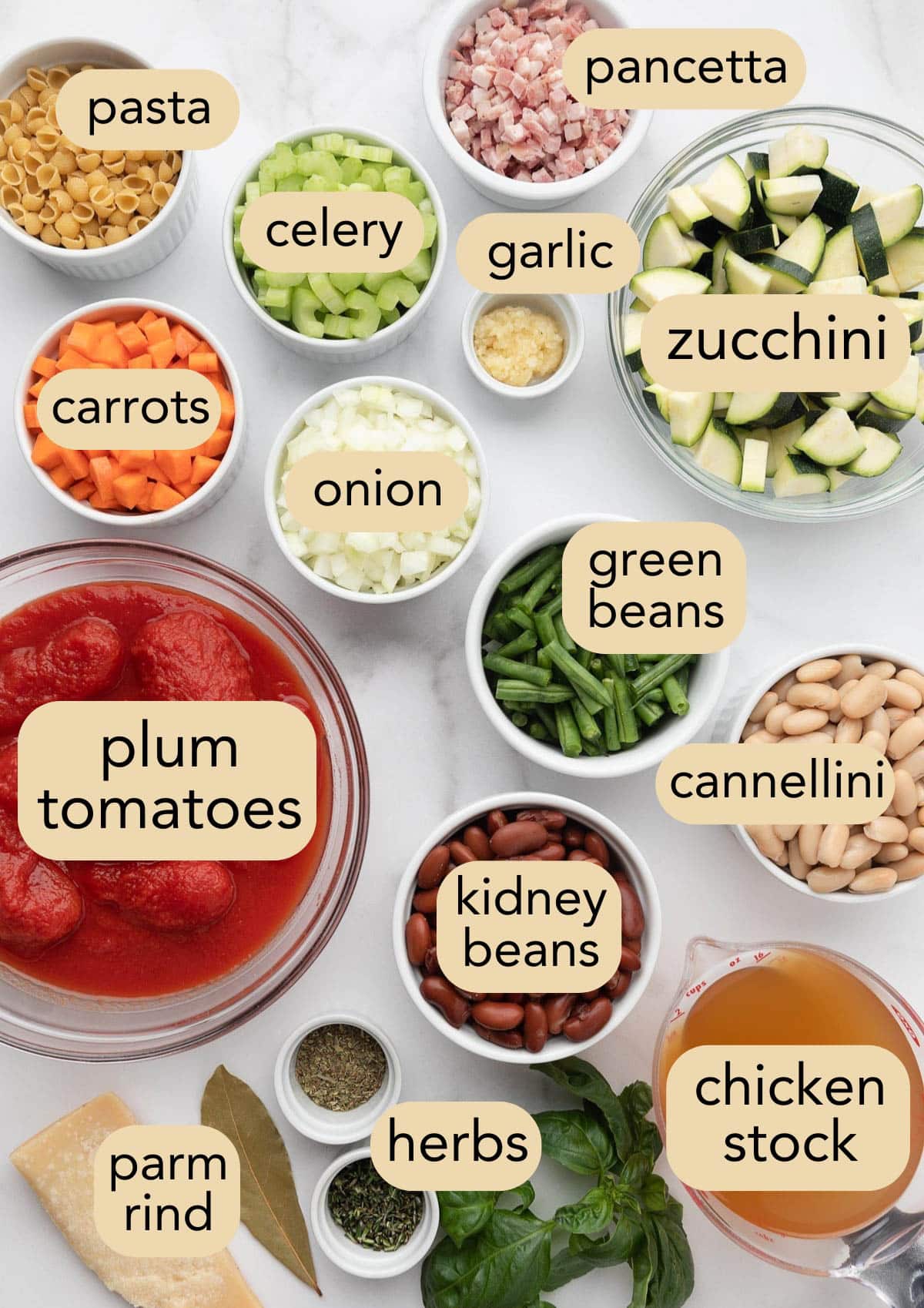 overhead of ingredients needed to make Minestrone Soup in bowls with text label overlays