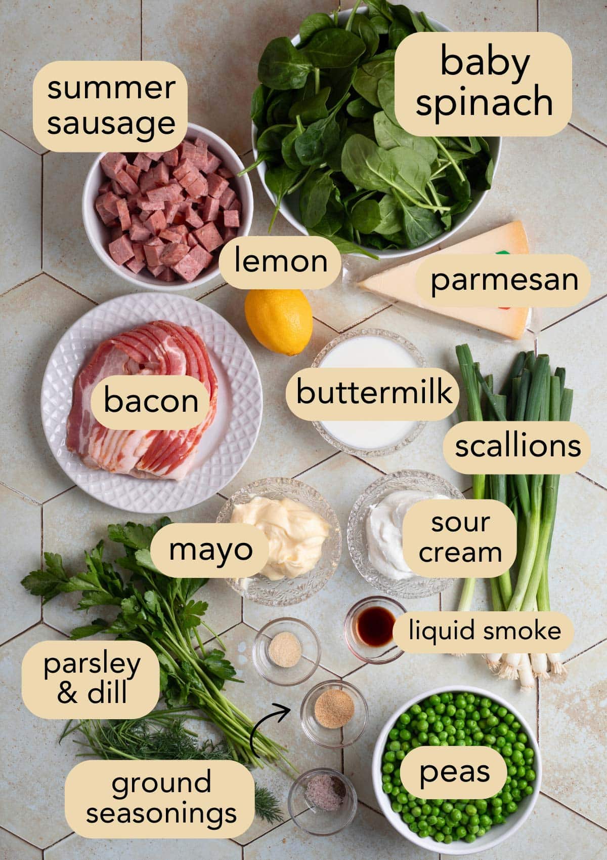 overhead of ingredients needed to make spinach pea salad in bowls on an ivory tile surface with text label overlays