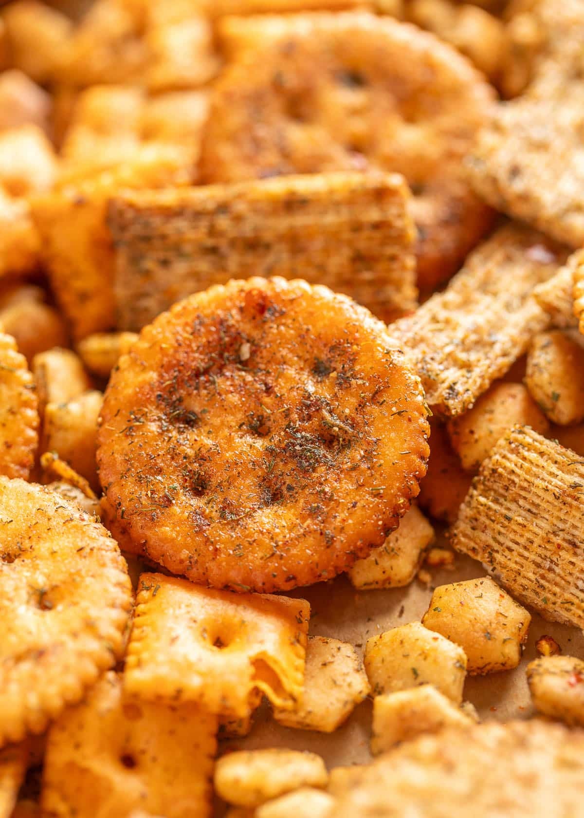 Extreme close-up of dill ranch snack mix, highlighting a round butter cracker coated with ranch seasoning and spices. Surrounding it are cheese crackers, wheat crackers, and oyster crackers, all visibly seasoned.