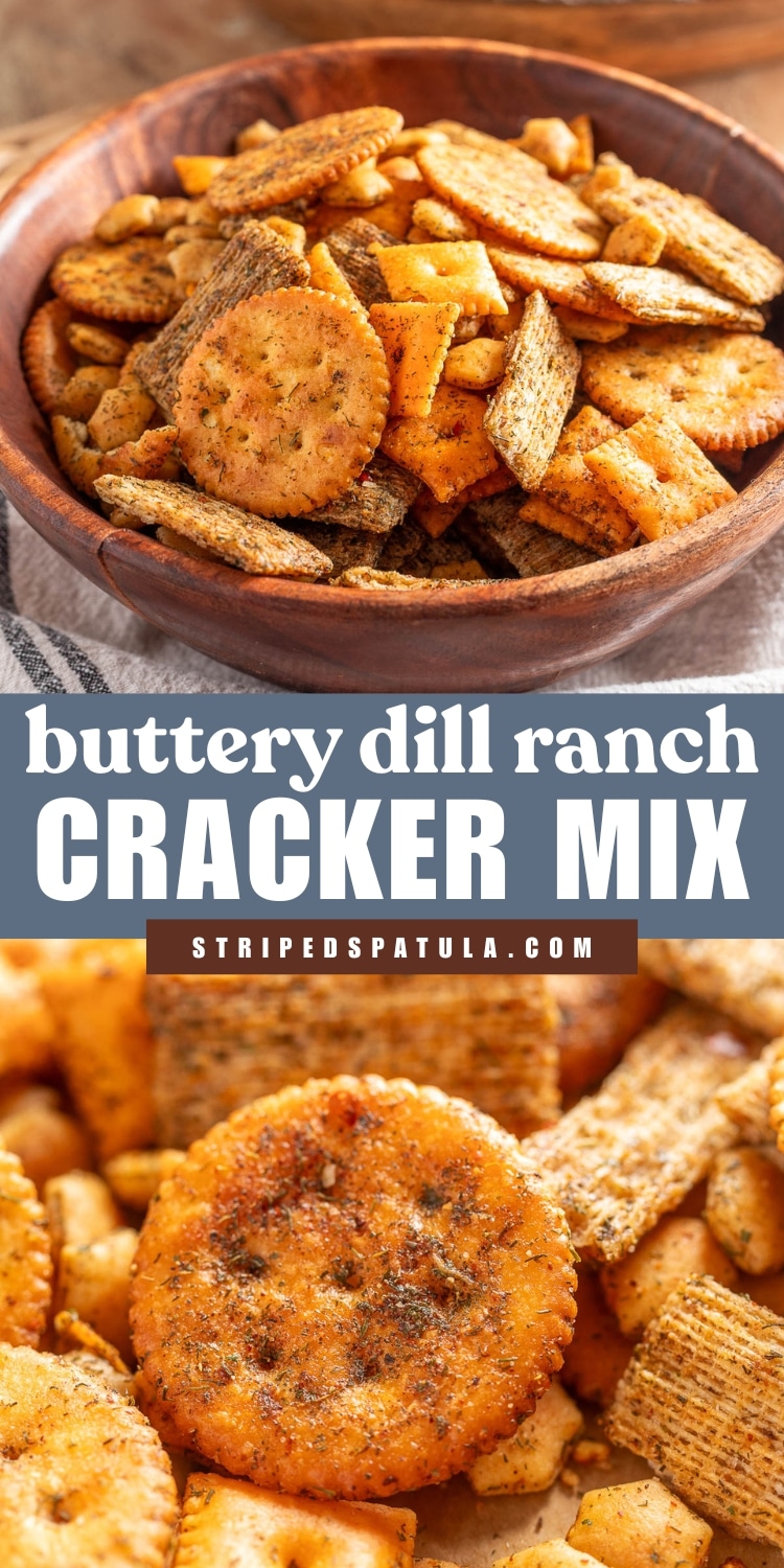 Close-up of a wooden bowl filled with buttery dill ranch cracker mix, including seasoned Ritz crackers, Triscuits, cheese crackers, and oyster crackers. Text overlay reads: “Buttery Dill Ranch Cracker Mix – stripedspatula.com”.
