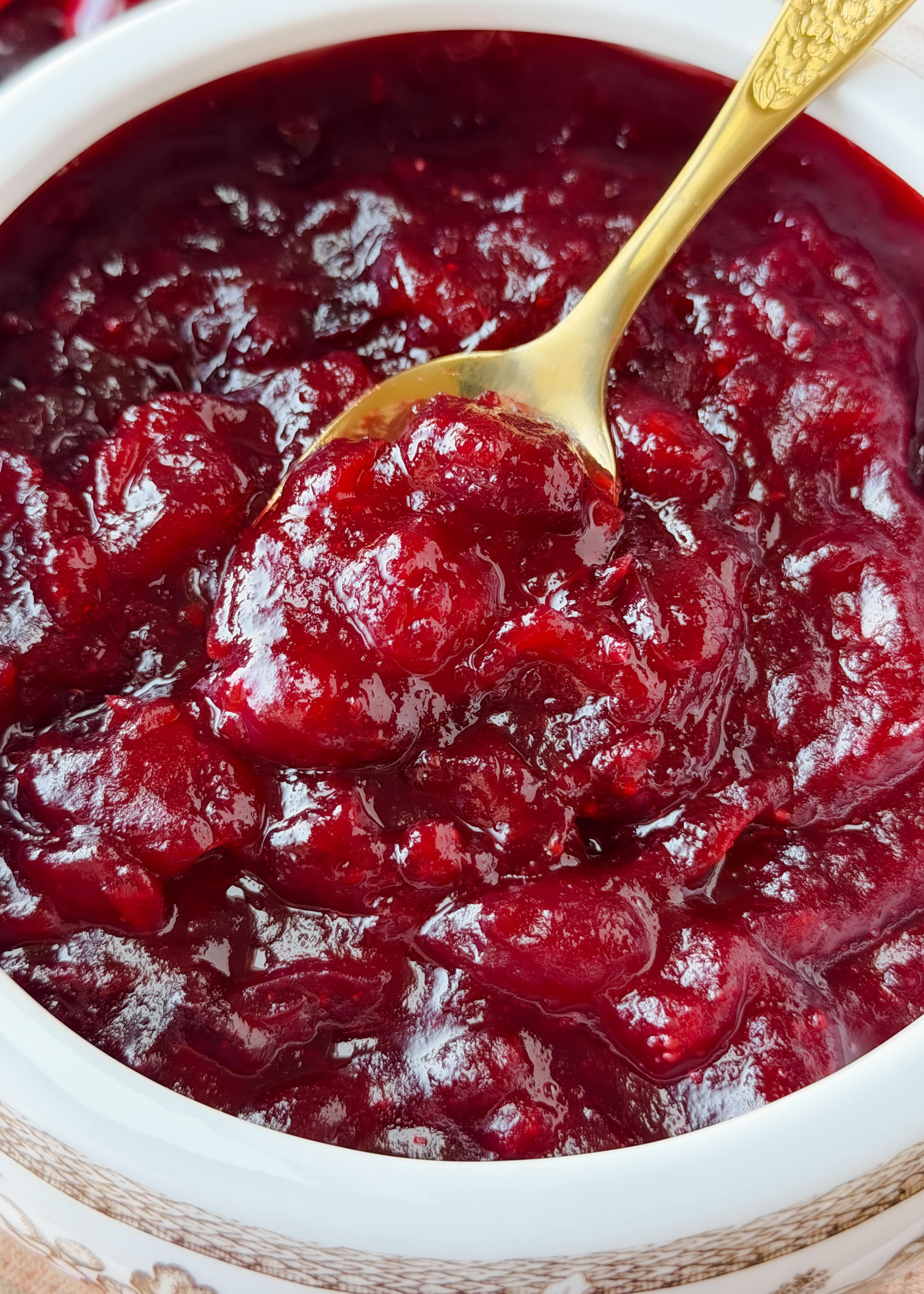 Close-up of homemade whole berry cranberry sauce in a white and brown patterned serving bowl, with a gold spoon lifting a portion of the thick, glossy sauce.