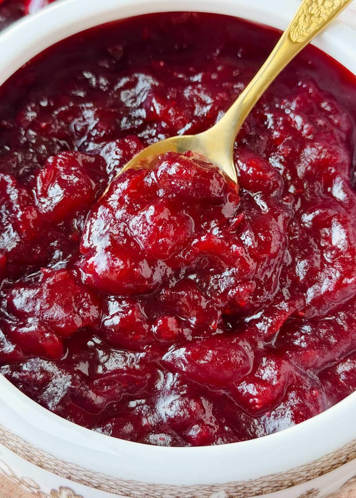 Close-up of homemade whole berry cranberry sauce in a white and brown patterned serving bowl, with a gold spoon lifting a portion of the thick, glossy sauce.