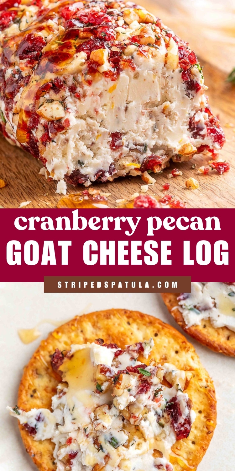 Close-up of a cranberry pecan goat cheese log with a creamy interior and a festive coating of chopped pecans, dried cranberries, fresh herbs, and a drizzle of honey. The text on the image reads: “cranberry pecan GOAT CHEESE LOG” and “STRIPEDSPATULA.COM"