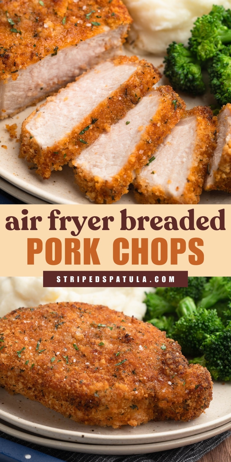 Two-image collage with a central text overlay that reads “air fryer breaded PORK CHOPS.” Top image shows a sliced, golden-brown breaded pork chop on a plate with mashed potatoes and steamed broccoli. Bottom image shows a whole pork chop with a crispy breadcrumb coating, garnished with parsley and sea salt. Branding strip reads “STRIPEDSPATULA.COM”