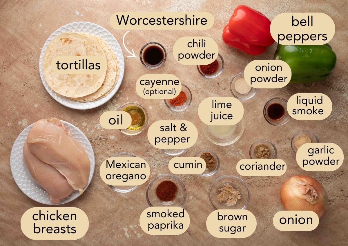 Labeled flat lay of ingredients for air fryer chicken fajitas, including raw chicken breasts, tortillas, bell peppers, onion, spices, oil, lime juice, and Worcestershire sauce arranged on a textured surface.