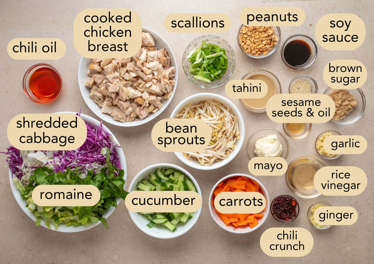 Overhead view of neatly arranged salad and dressing ingredients in bowls on a neutral surface, each labeled with text overlays including cooked chicken breast, romaine, shredded cabbage, bean sprouts, cucumber, carrots, scallions, peanuts, tahini, soy sauce, brown sugar, sesame seeds and oil, garlic, ginger, rice vinegar, mayo, chili crunch, and chili oil.