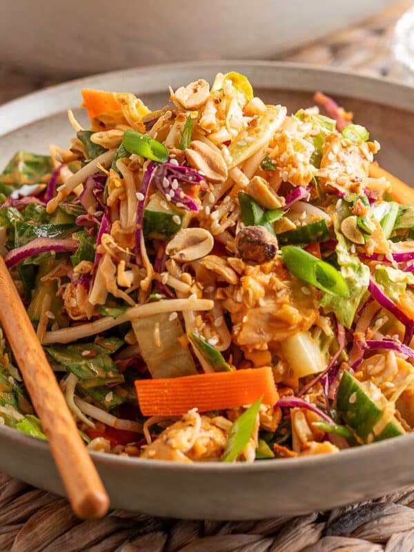 Side view of Bang Bang Chicken Salad served in a stoneware bowl with chopsticks, showcasing vibrant layers of shredded chicken, cabbage, carrots, cucumbers, green onions, and peanuts, all coated in a creamy, spicy dressing and sprinkled with sesame seeds.
