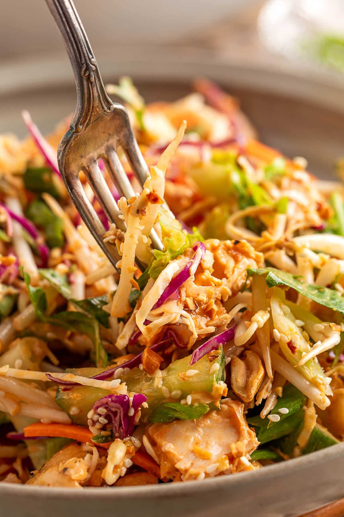 Close-up of a fork lifting a bite of Bang Bang Chicken Salad with shredded cabbage, sliced cucumber, chicken, carrots, scallions, and sesame seeds coated in a creamy dressing.