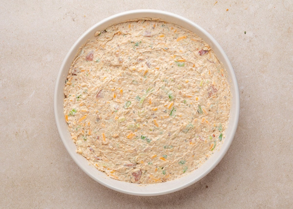 Top-down view of an unbaked Boudin Dip mixture evenly spread in a round white baking dish, showing visible bits of sausage, green onions, and shredded cheese throughout the creamy base.