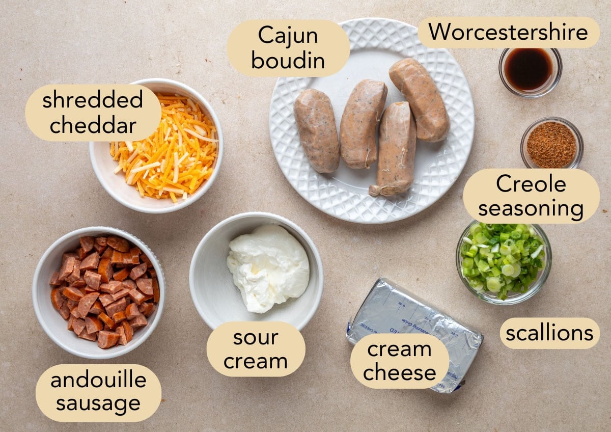 Overhead view of labeled ingredients for Boudin Dip, including boudin and andouille sausage, shredded cheddar, sour cream, cream cheese, scallions, Creole seasoning, and Worcestershire sauce.