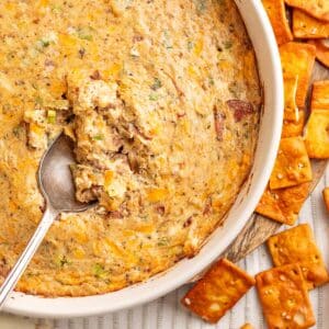 Close-up of Boudin Dip in a white baking dish with a serving spoon resting inside and crispy crackers scattered around the edge.