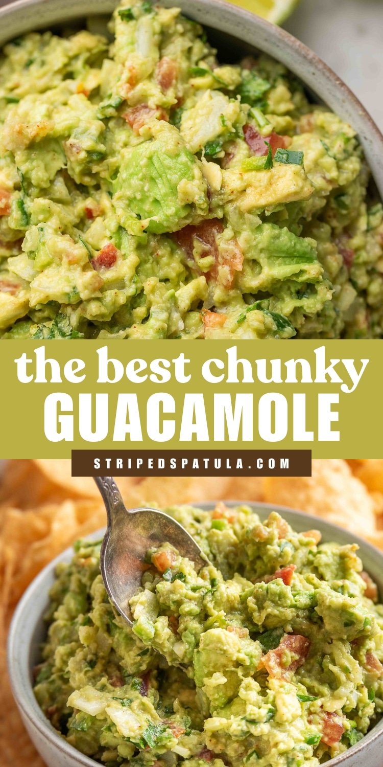 Close-up and overhead views of a bowl of chunky guacamole made with diced avocado, tomato, onion, cilantro, and lime. A spoon is shown scooping the dip in the lower image. Bold text across the center reads “the best chunky guacamole” with the Striped Spatula website below.