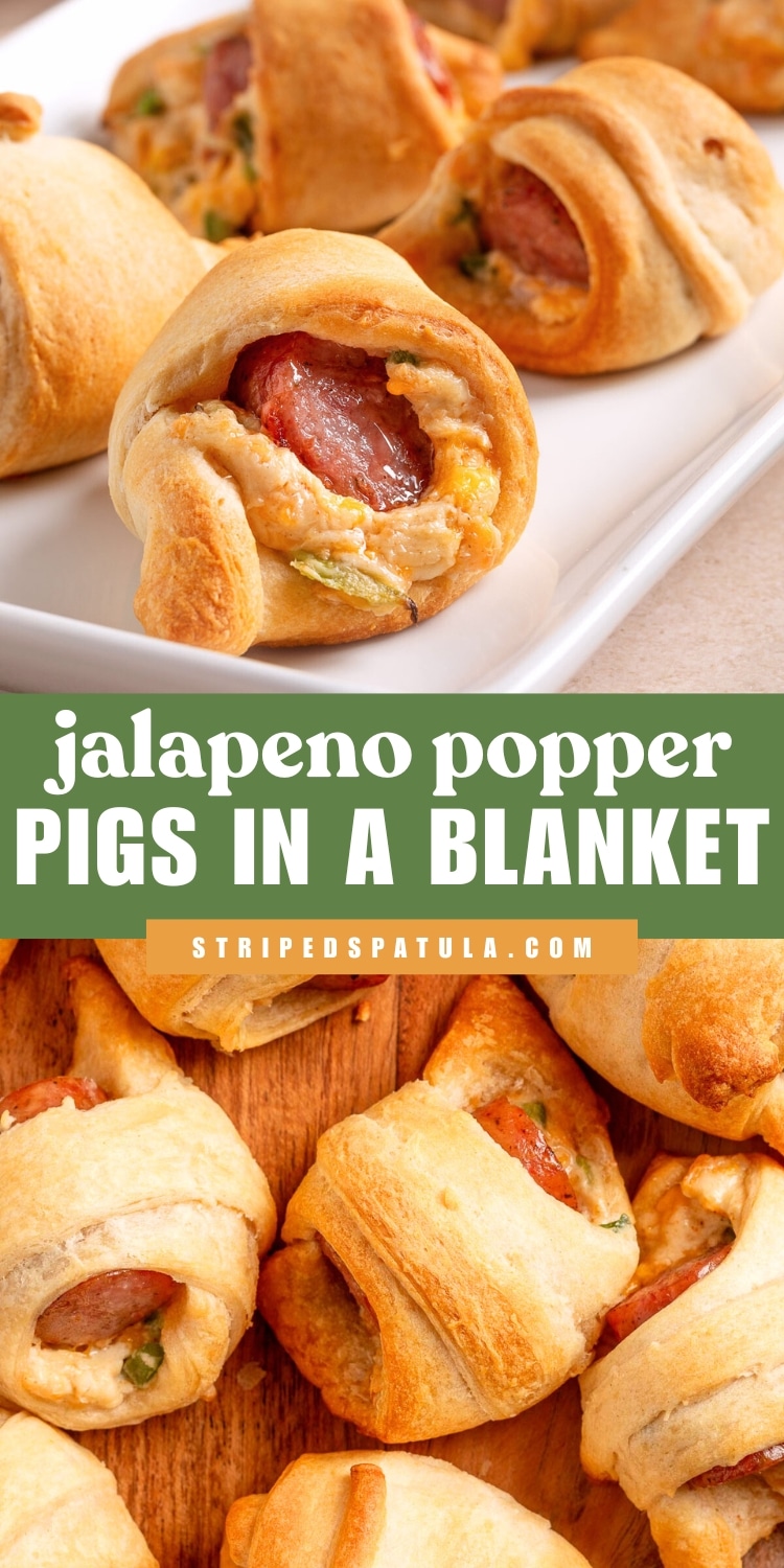 Golden crescent roll-wrapped smoked sausages filled with a creamy jalapeño and cheddar cheese mixture, shown both on a white serving platter and a wooden board. Text overlay reads, “jalapeño popper pigs in a blanket” and “stripedspatula.com.”