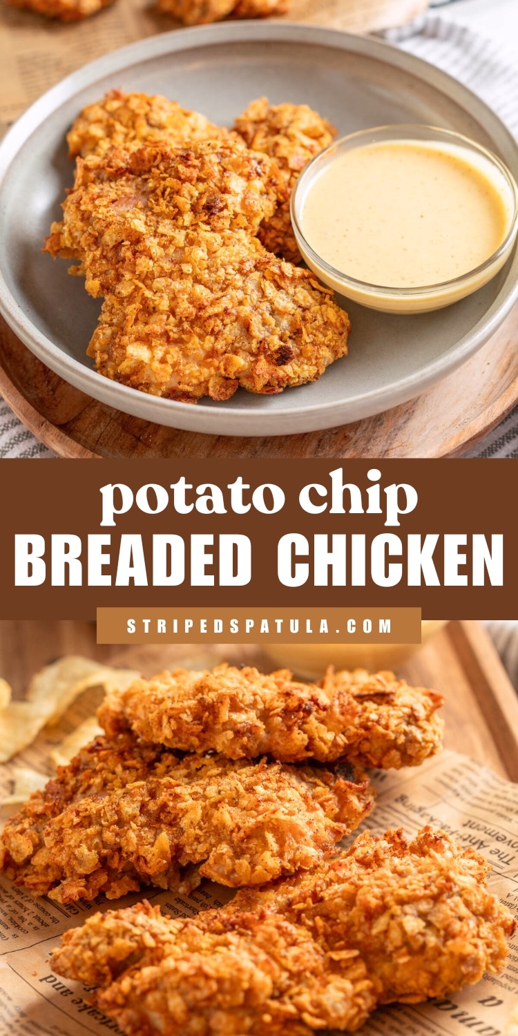 Crispy potato chip breaded chicken thighs on a gray plate served with honey mustard dipping sauce. Below, a second photo shows golden brown chicken tenders with a thick, craggy coating, arranged on newspaper-style parchment. On-image text reads “potato chip BREADED CHICKEN stripedspatula.com” in bold white and brown font.